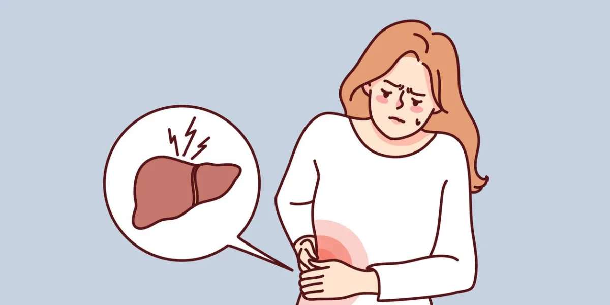 unhealthy woman suffer from liver problems unwell girl struggle with body organ inflammation healthcare and medicine vector illustration