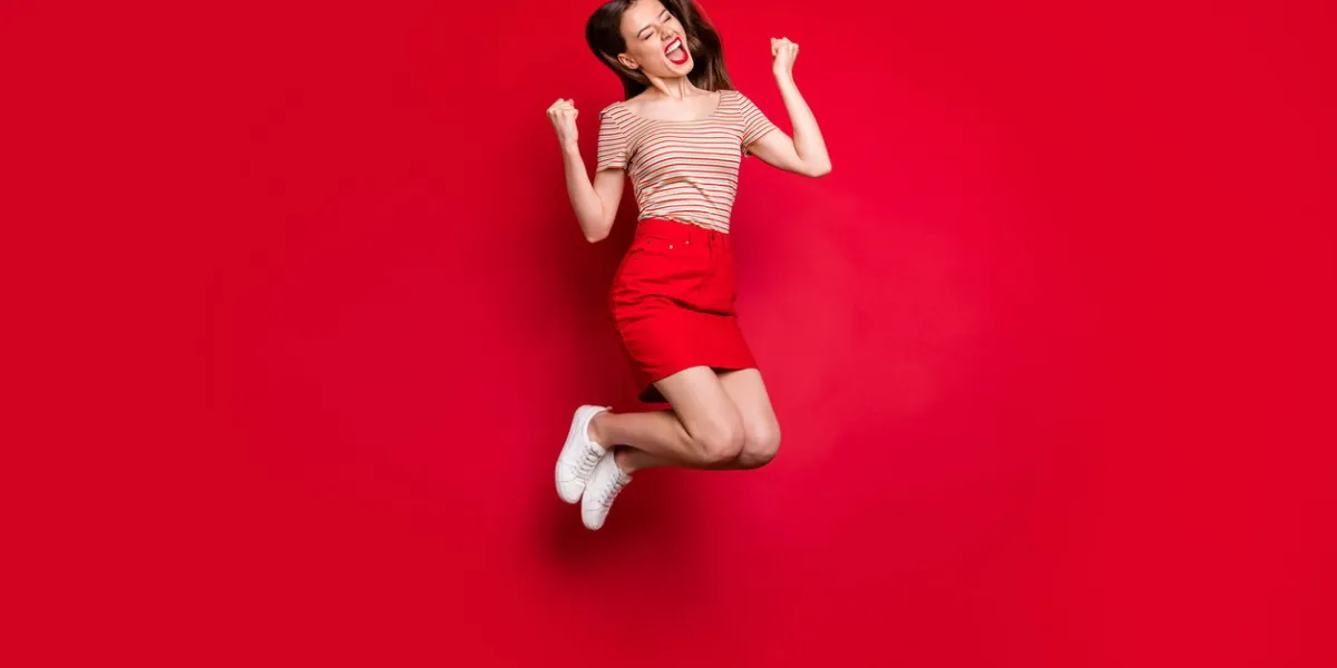 full size body length, photo of pretty cool hipster teen lady gesturing fists isolated bright background