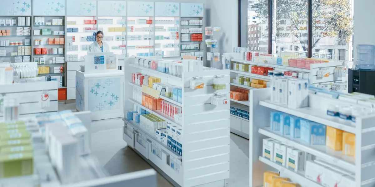 modern pharmacy drugstore with shelves full of packages full of modern medicine, drugs, vitamin boxes, supplements in background professional pharmacist working at checkout counter