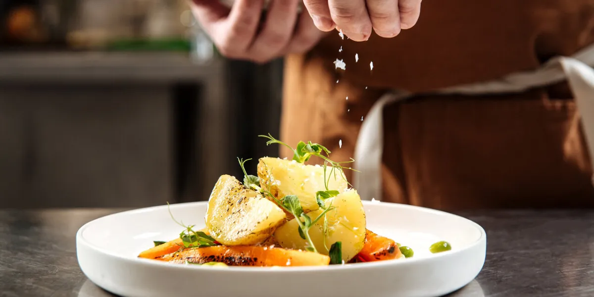 chef's hand sprinkles cooked gourmet dish with salt