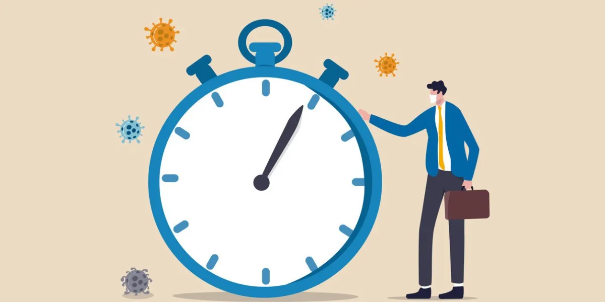 time countdown for coronavirus covid-19 outbreak to impact global economic and business shut down or quarantine concept, businessman wearing face mask standing with time counting down stop watch