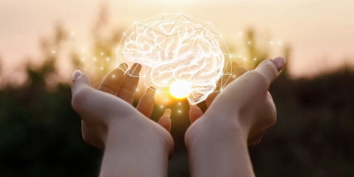 female hand shows the brain in the sun