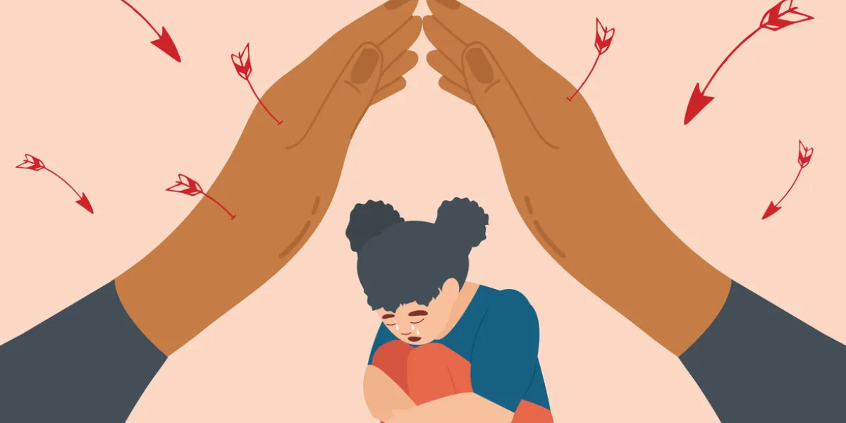 mother using her hands as a shield to protect her daughter from danger strong mom defends her little girl against threats crying child or kid sitting on the floor and crying family support concept