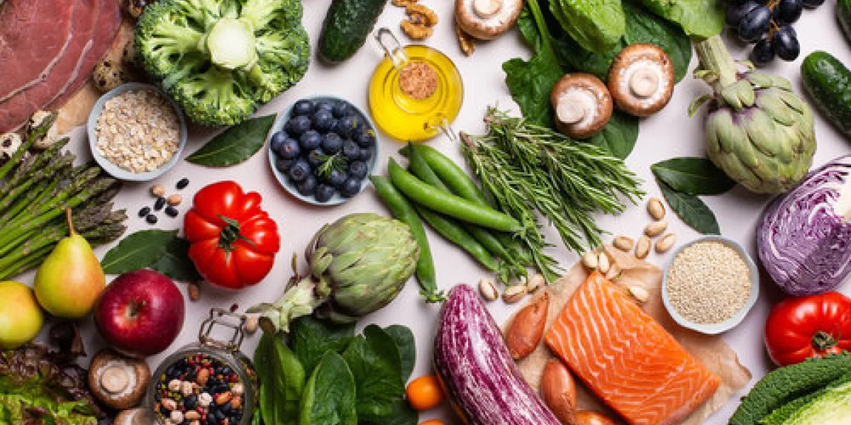 balanced nutrition concept for clean eating flexitarian mediterranean diet assortment of healthy food ingredients for cooking, flat lay, view from above