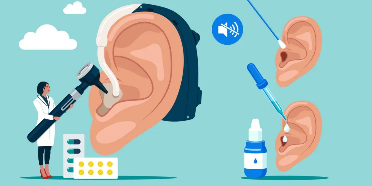 personal hygiene routine and care removing cerumen, otitis treatment with serum medical drops human ears with aerophone, cotton swab and pipettehearing protection vector illustration