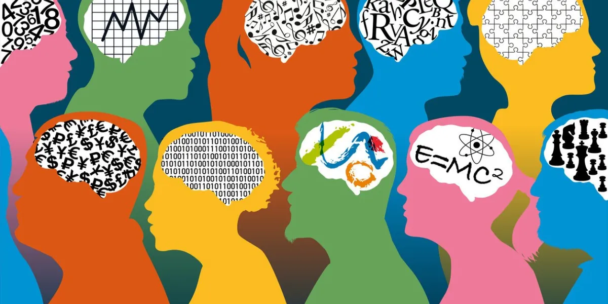 concept of the diversity of talents and know-how, with profiles of male and female characters associated with different brains