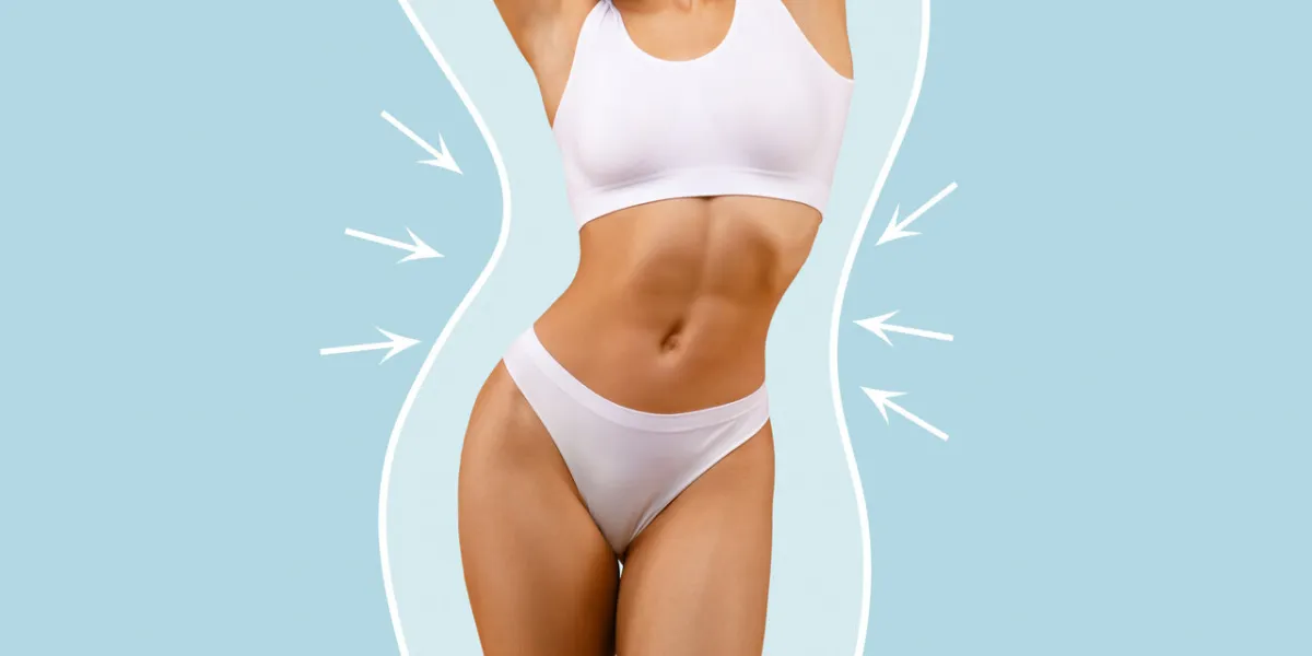 weightloss concept slim black woman in underwear with drawn silhouette of her ex figure standing on blue background slender woman demonstrating result of successful slimming, collage