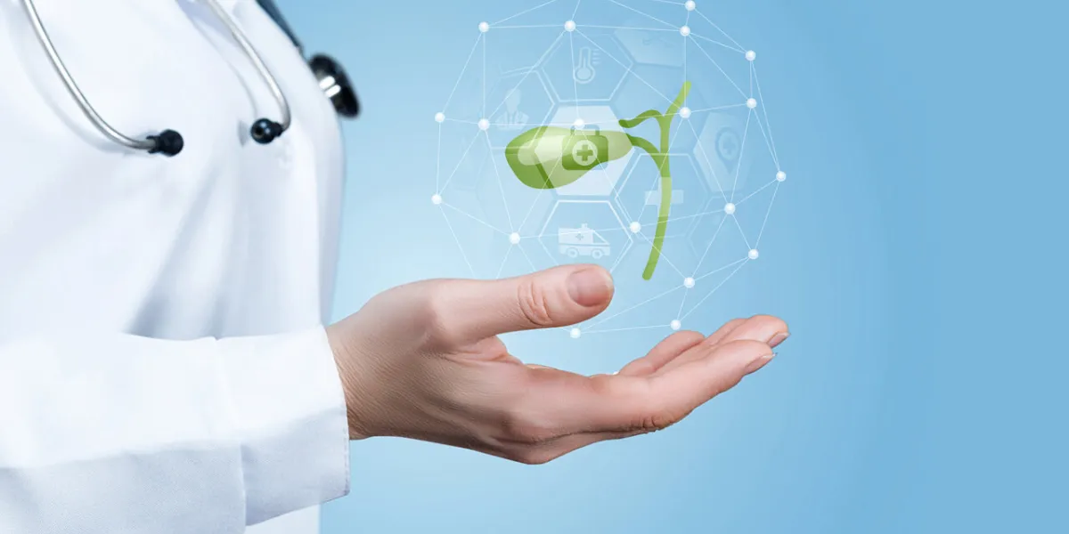 the doctor shows the gallbladder on a blue background