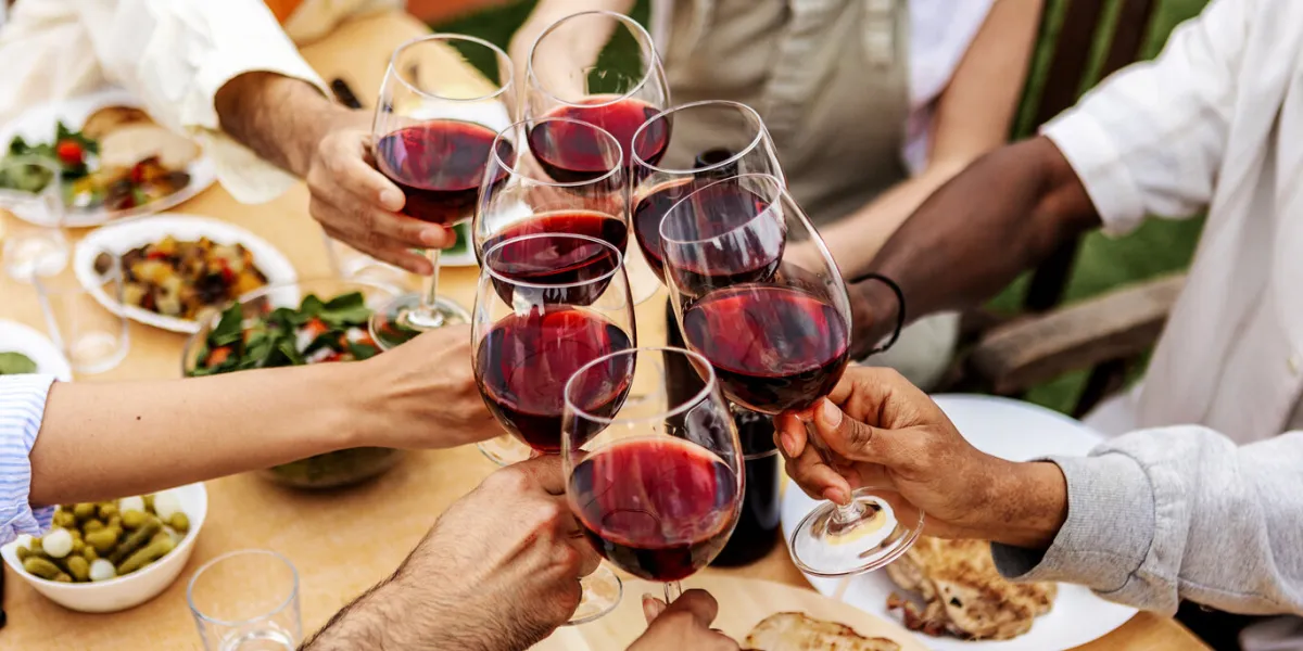 group of young people hands toasting red wine at rooftop party multiracial friends celebrating at bbq dinner at home garden
