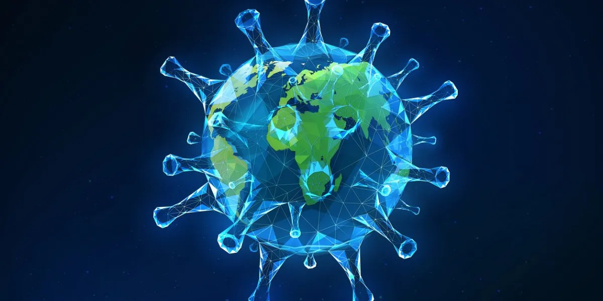 3d rendering of planet earth made to look like a virus cell