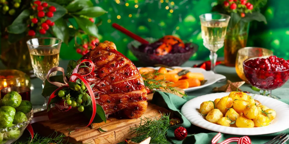 glazed roast ham with cloves,sparkling wine and traditional vegetables dishes for christmas dinner