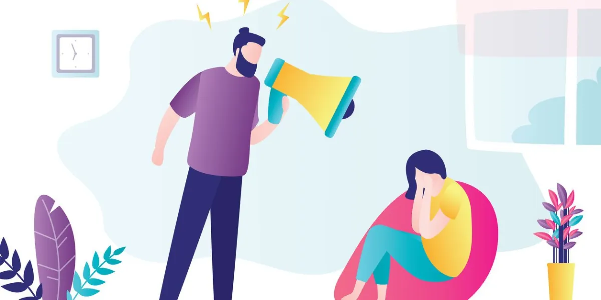 quarrel in family dispute man and woman husband screams at his wife, woman cries toxic relationships between people, abuse concept people characters in trendy style flat vector illustration