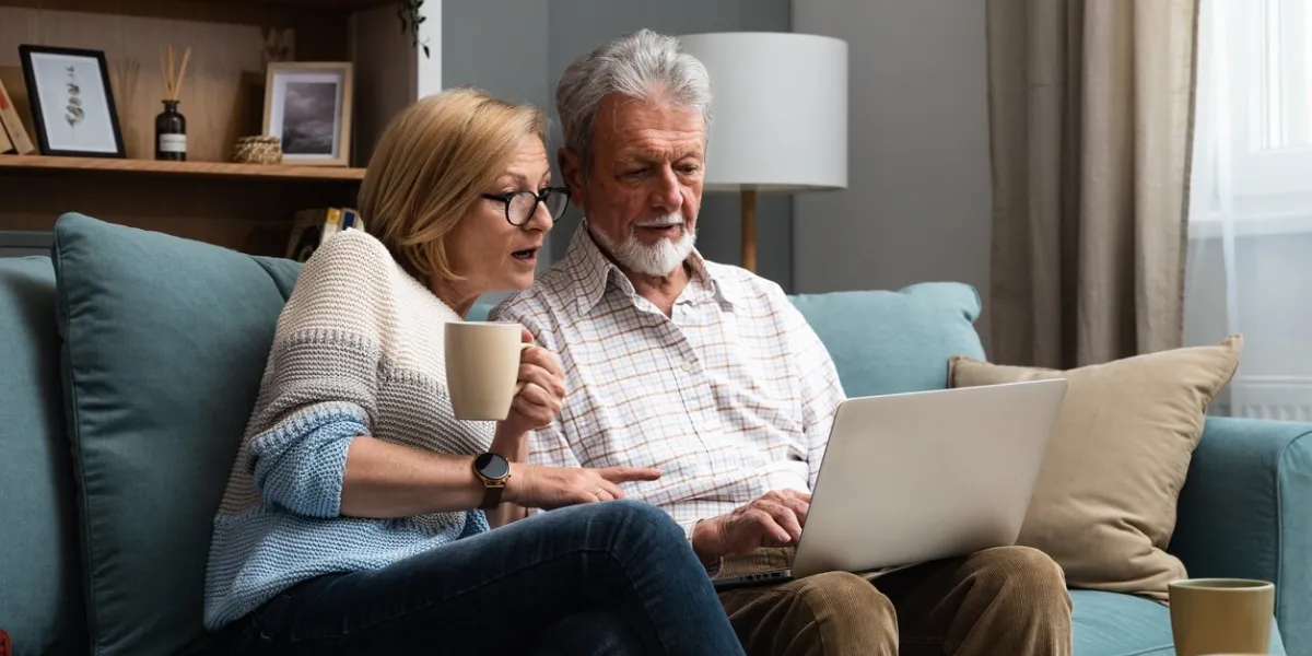 happy middle aged family couple relaxing on sofa, using computer web surfing information shopping together at home elderly man showing laptop apps to retired wife, older generation with tech concept