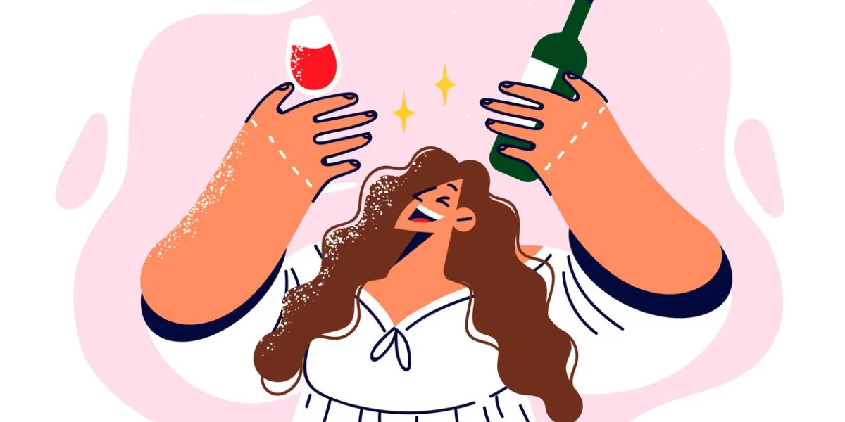 drunk girl holding bottle of red wine and glass offering to drink during birthday party cheerful woman is resting and drinking wine, inviting to celebrate festive event and enjoy taste of bordeaux