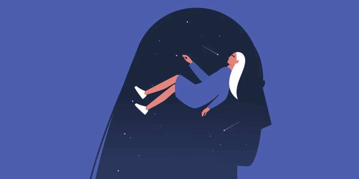 meditative mind, young female character levitating inside their own head, psychotherapy and balance, focus and meditation, psychedelic experience