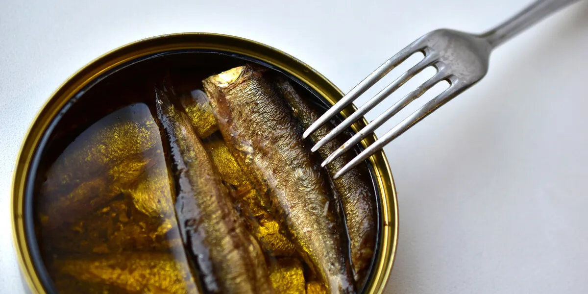 sprats in oil in a jar with a fork on a white background