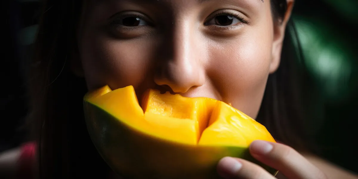 close-up portrait of a woman biting into a juicy mango, generative ai