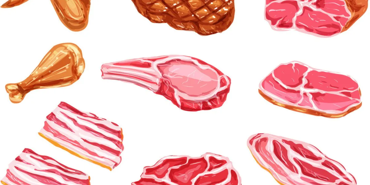 meat watercolor paint vector icons beefsteak, barbeque grill brisket and bbq chicken legs or wings, beef tenderloin or ham bacon and sirloin fresh meat products in watercolor for butcher shop market