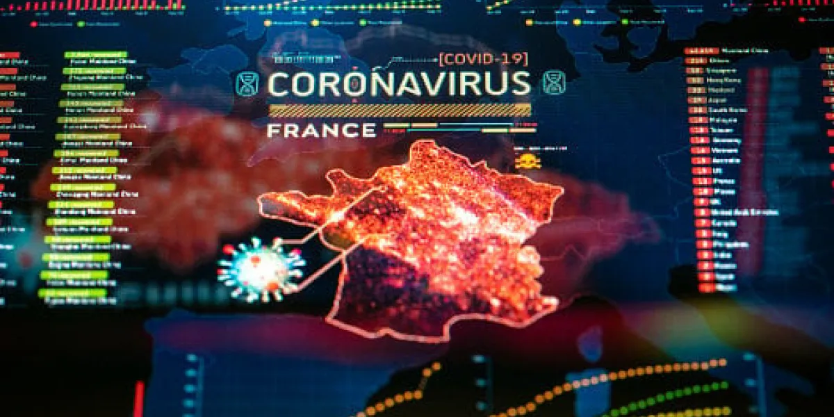 coronavirus (covid-19) outbreak in france statistics close-up on digital display quarantine map