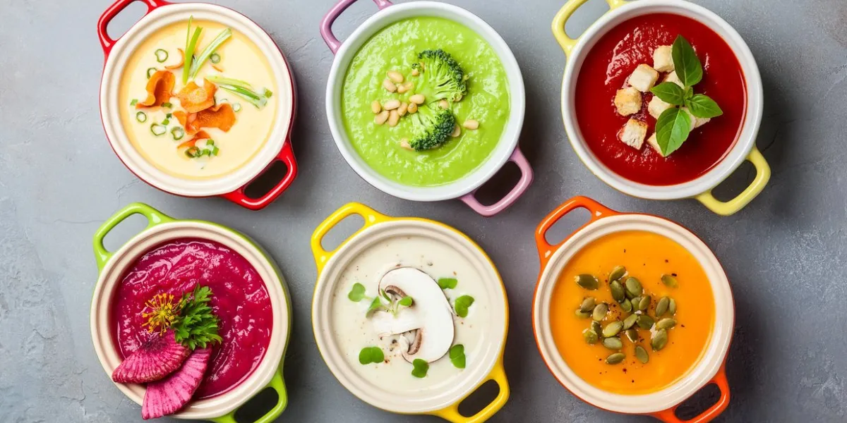variety of colorful vegetables cream soups in small pots top view concept of healthy eating or vegetarian food