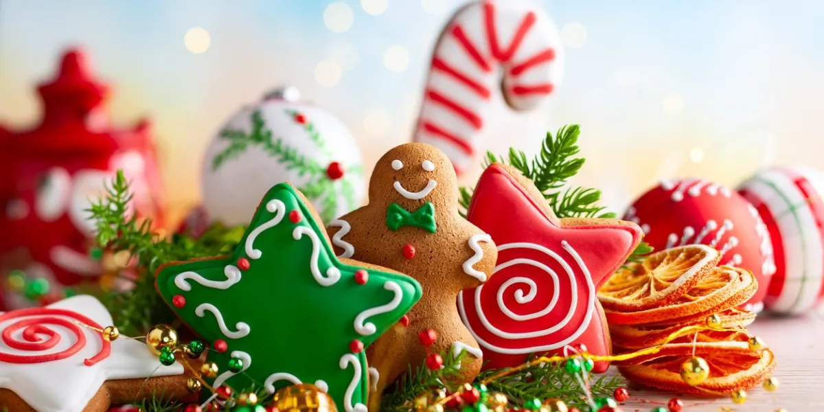 festive concept with christmas gingerbread in the shape of a star, fir branches and winter spices