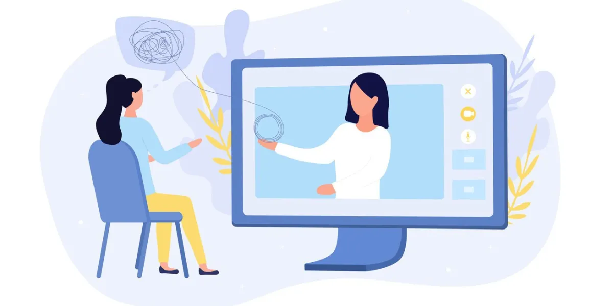 online medical or psychological counselling with a woman sitting in front of a computer talking to a virtual doctor, colored vector illustration
