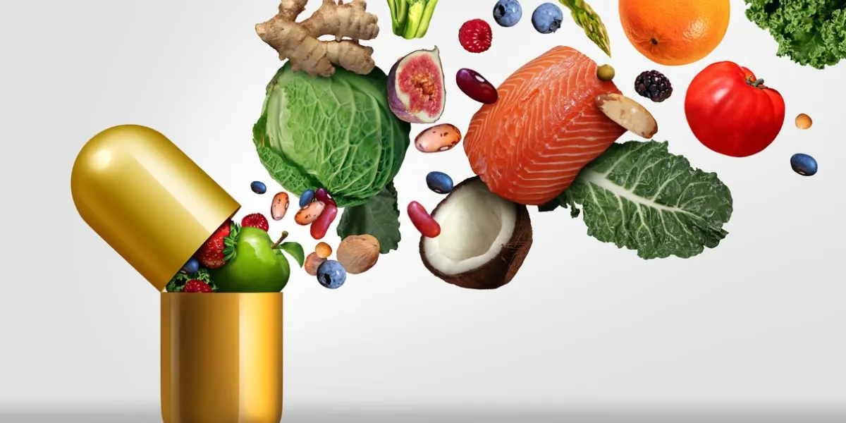 vitamins supplements as a capsule with fruit vegetables nuts and beans inside a nutrient pill as a natural medicine health treatment with 3d illustration elements