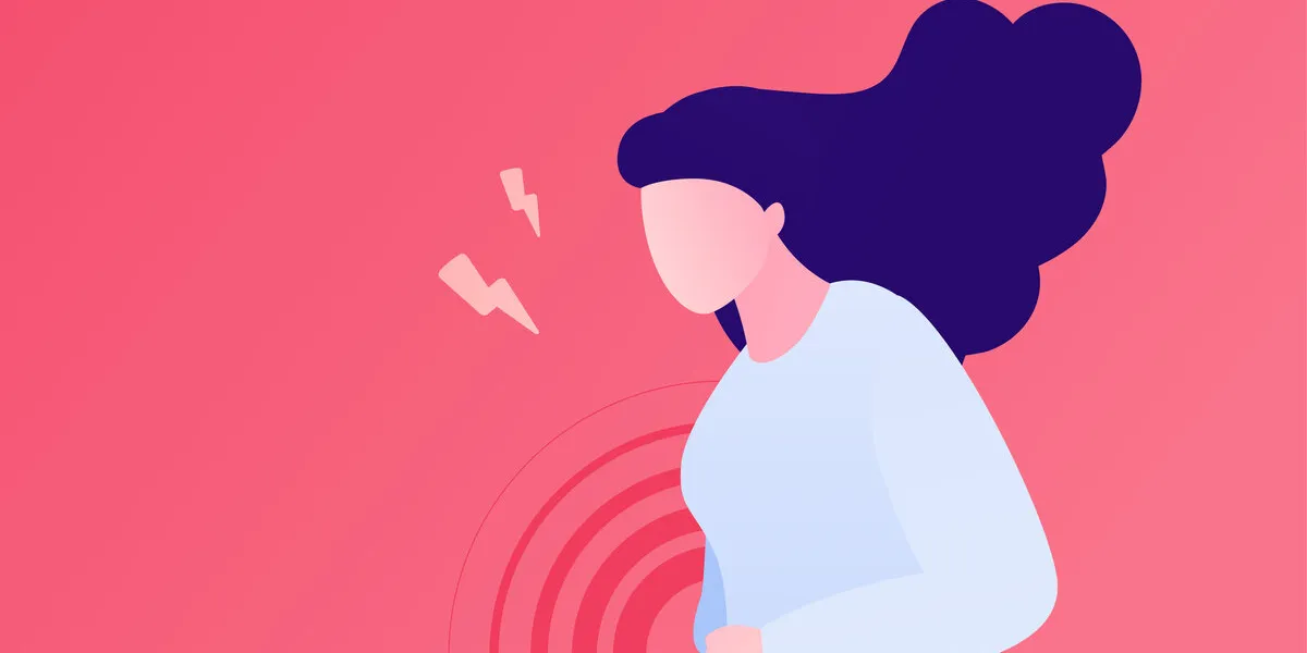 painful female periods concept vector flat character illustration woman standing and suffering menstrual abdominal pain isolated on pink background design for health care