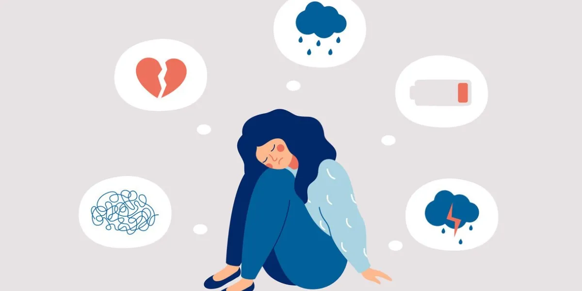 young woman who suffers from mental health diseases is sitting on the floor girl surrounded by symptoms of depression disorder  anxiety, crisis, tears, exhaustion, loss, overworked, tired vector illustration