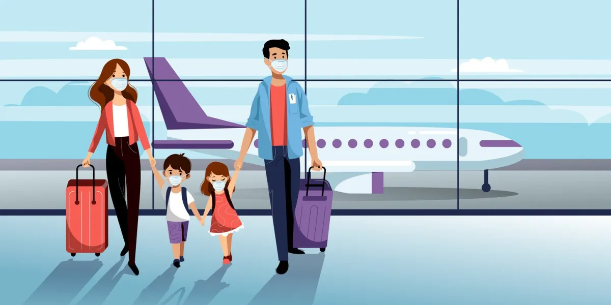 family with two kids in medical protection masks in airport terminal vector illustration traveling by airplane during outbreak of coronavirus epidemic prevention of seasonal flu disease concept