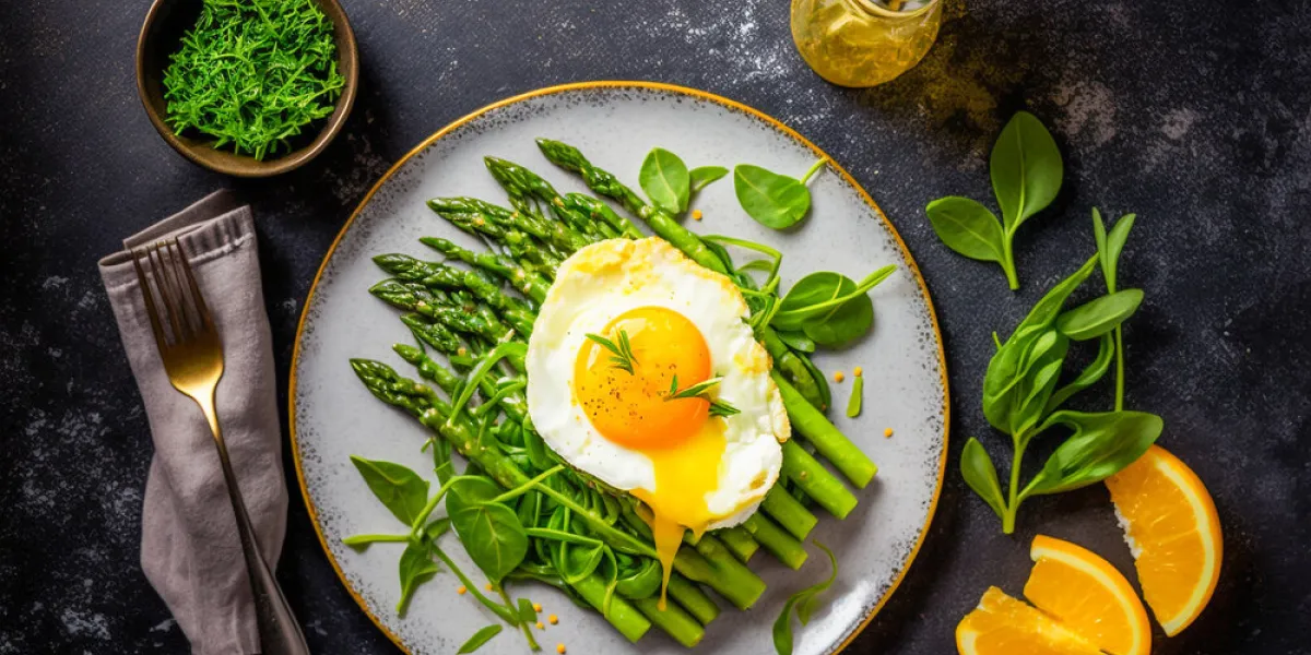 eggs with asparagus on the plate, keto diet illustration super