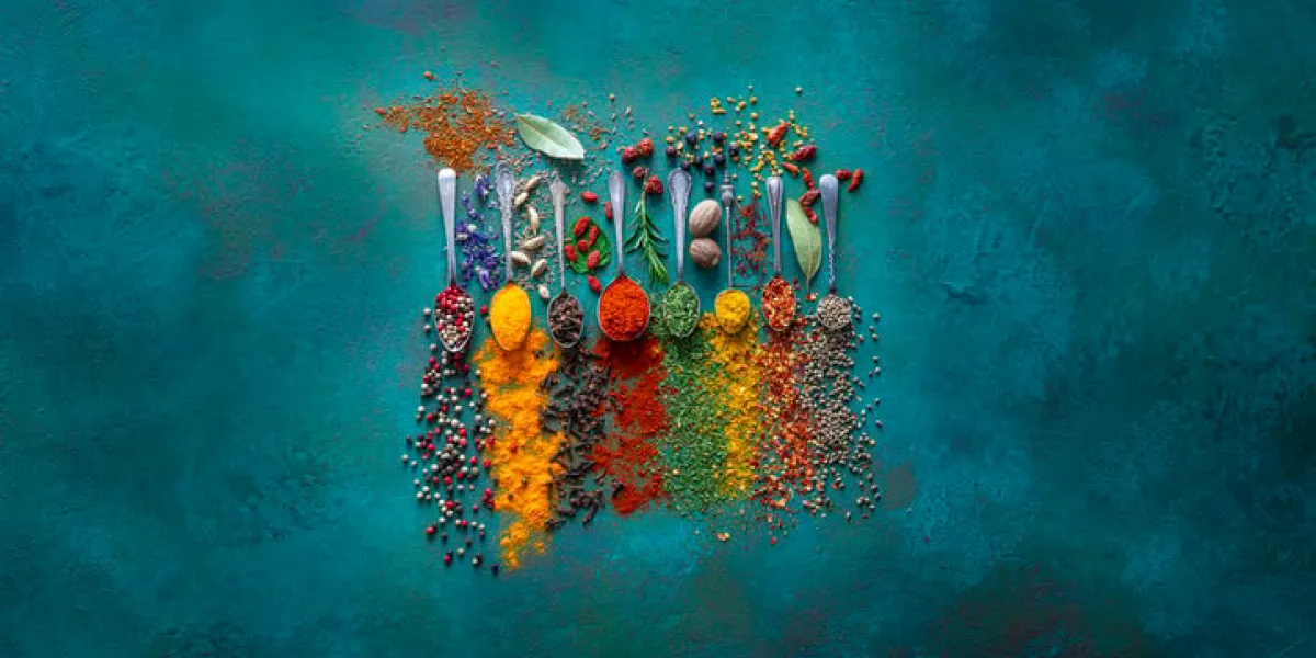 spices herbs seasoning condiments on vintage spoons at green background