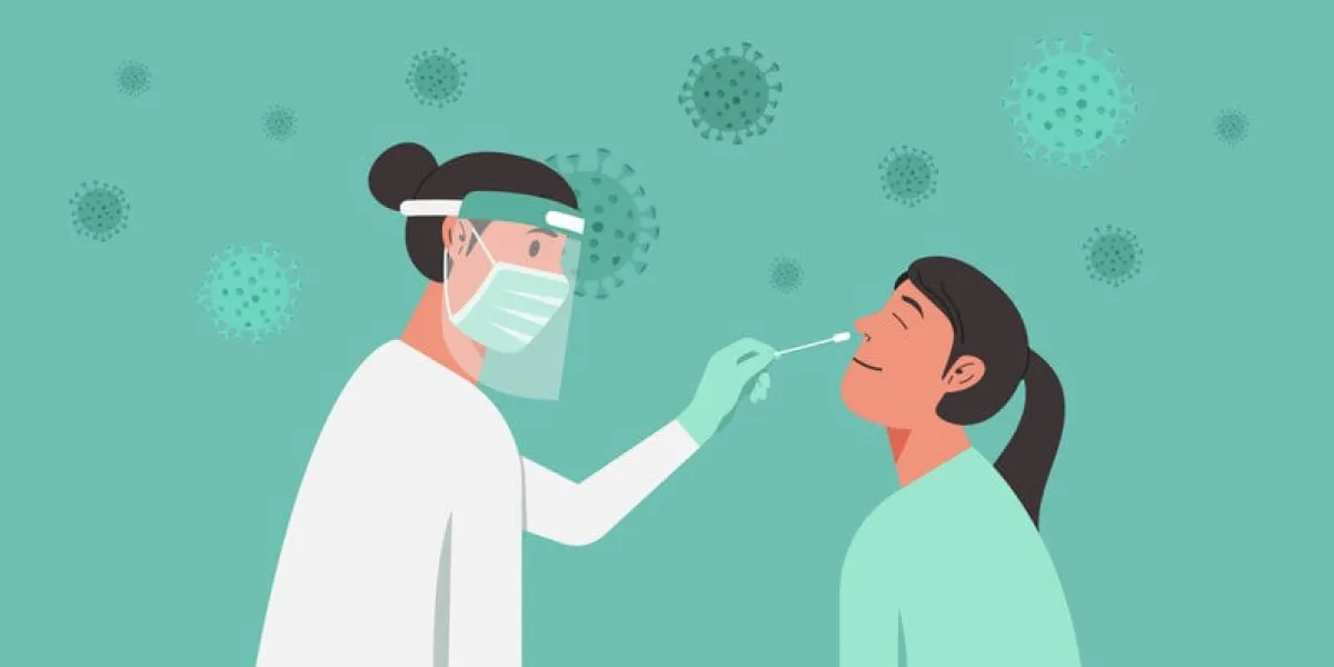 medical professional, doctor, or nurse doing covid-19 or coronavirus test or dna test to a young woman with nasal swab probe vector illustration