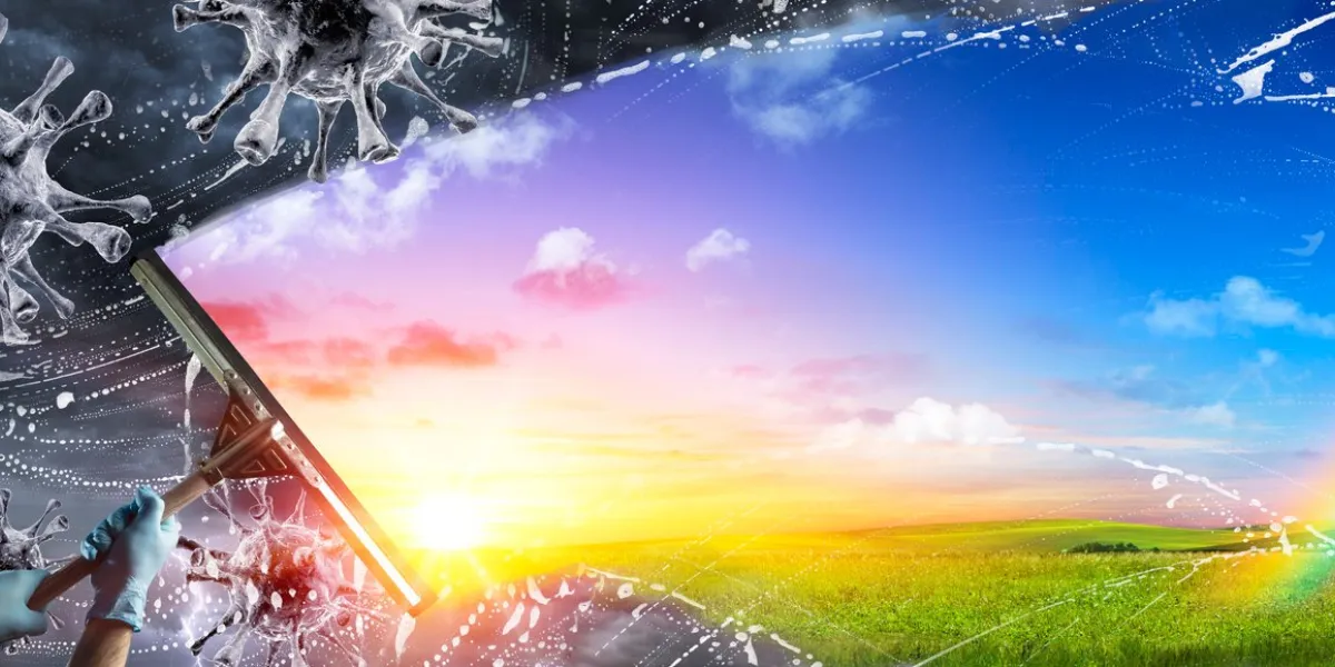 hand wiping the dirty sky for a new better world after covid-19 - contain 3d rendering