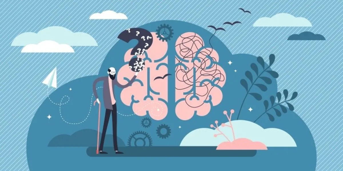 dementia health disorder flat tiny person concept vector illustration brain with stylized thoughts and memories jumbling up and leaving human head elder person with question mark and walking stick