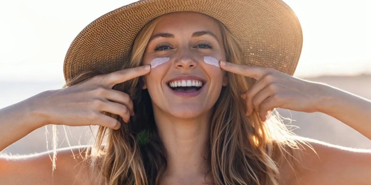 portrait of beautiful smiling woman applying sunscreen on her face while looking at camera at the beach