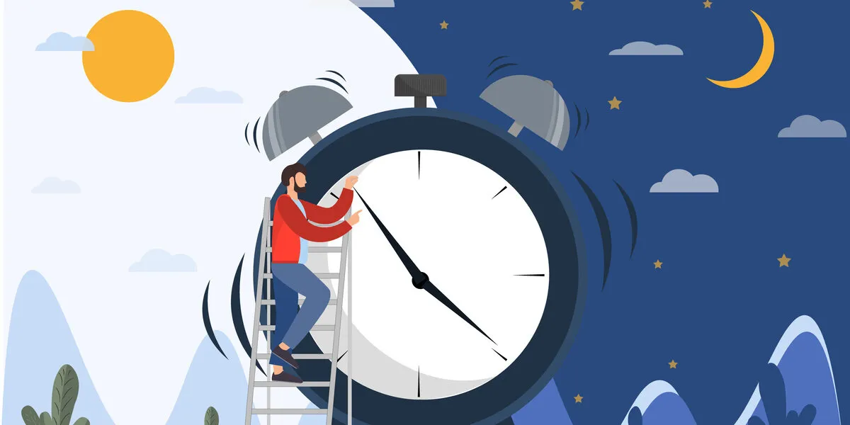 person near clock, changing day and night circle, day and might routine, circadian rhythm, time for rest and work concepts, flat vector illustration