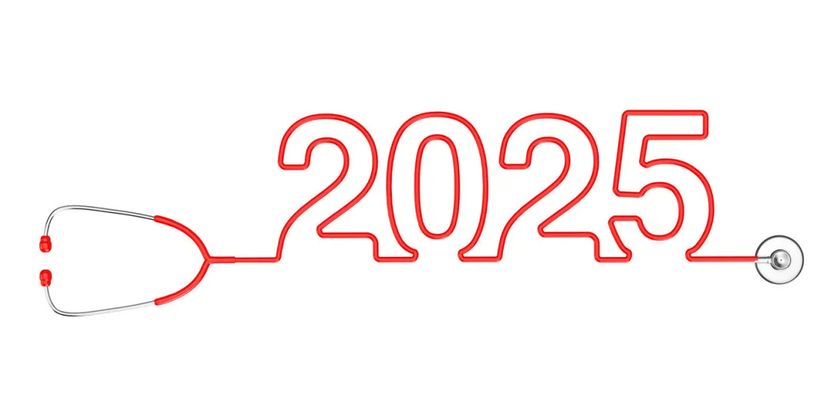 red stethoscope tubing forming new 2025 year sign on a white background 3d rendering