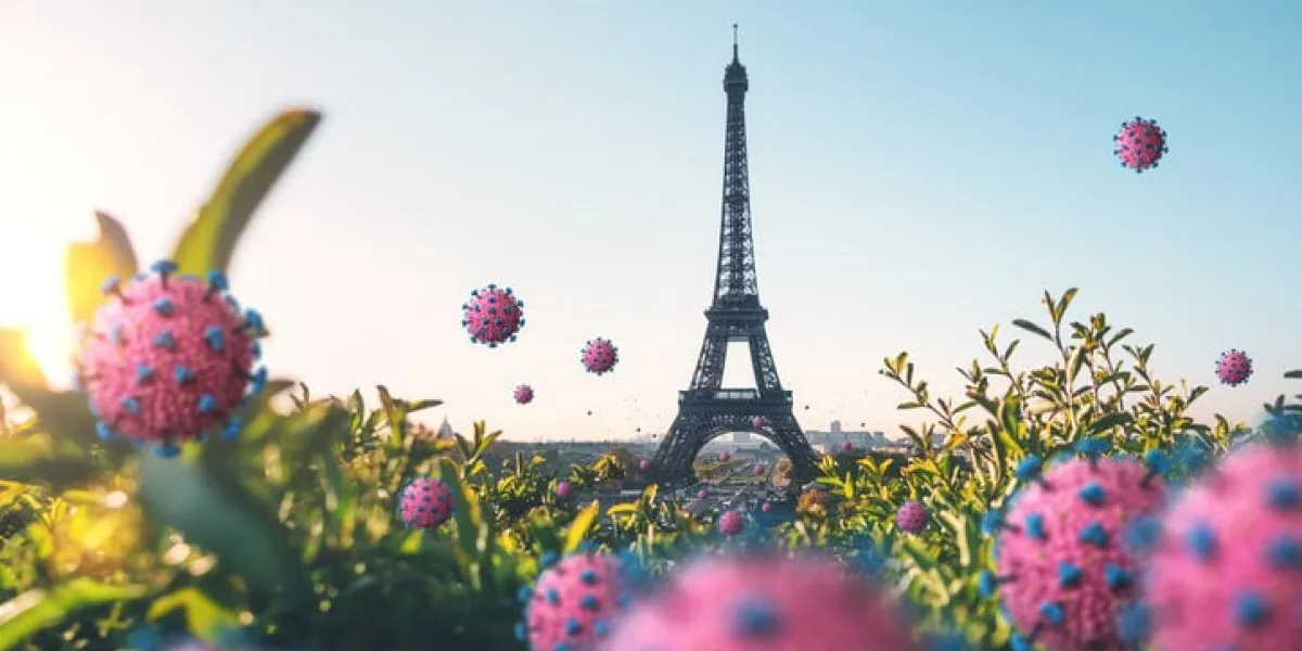 concept of virus spreading in the city (coronavirus covid-19 floating around eiffel tower in paris)