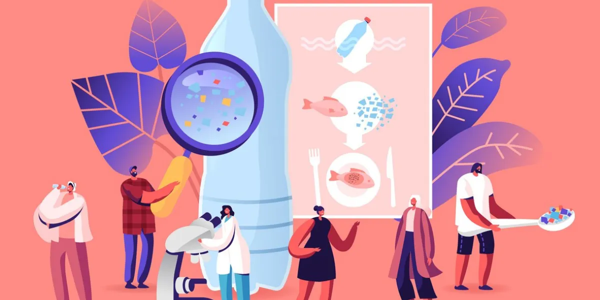 microplastic in water and food global ocean pollution ecological problem dangerous additives male female tiny characters with microscope and magnifying glass cartoon people vector illustration