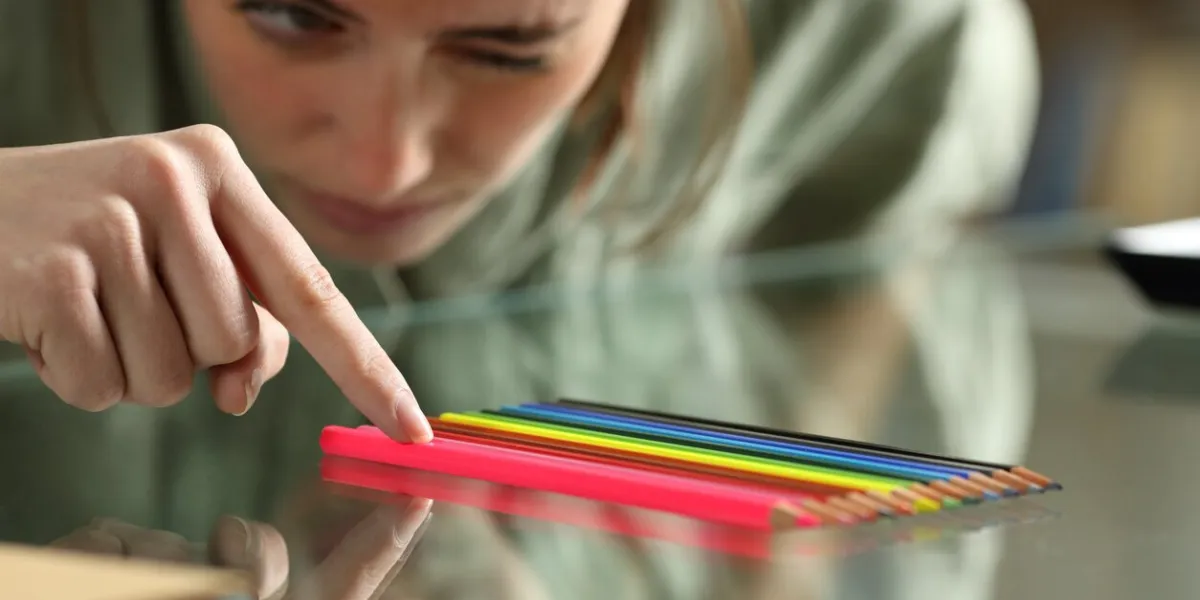 obsessive compulsive woman aligning up pencils accurately on a glass table
