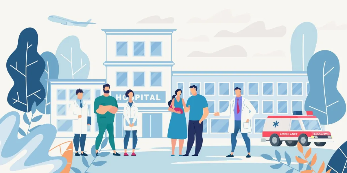 flat hospital yard with young family and medical staff clinic building mother holds newborn baby in hand man hugs woman chief physician, doctors group cartoon ambulance car vector illustration