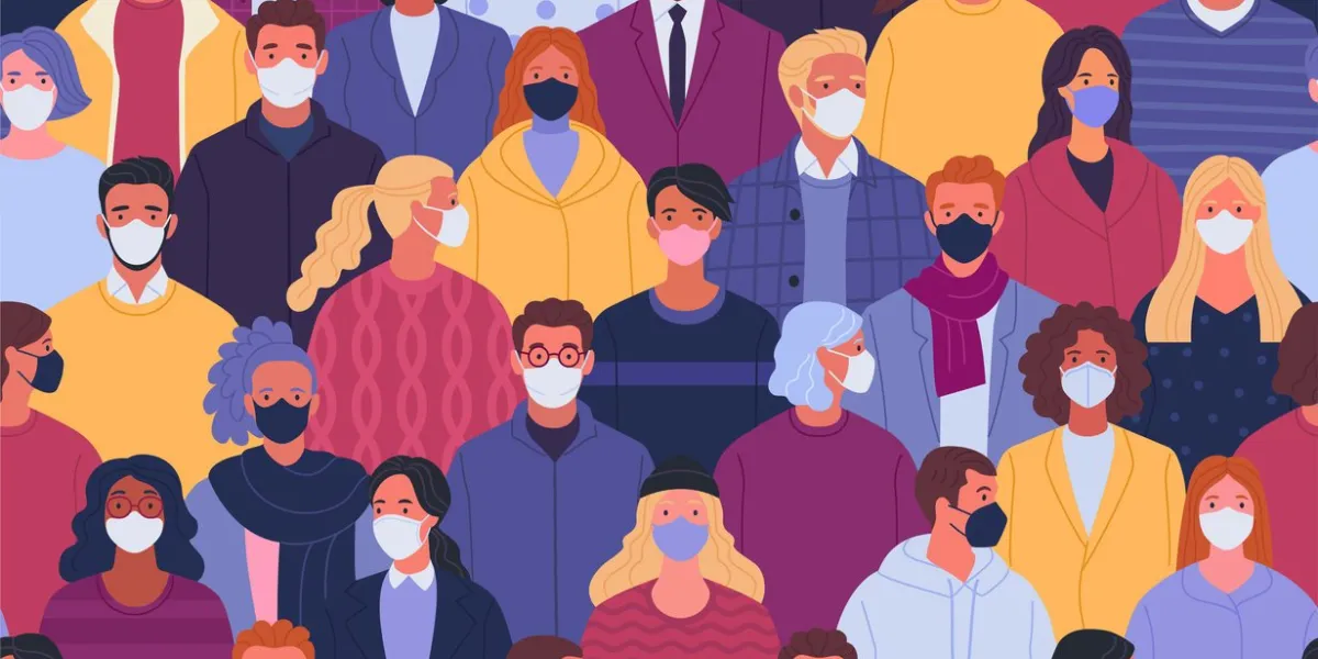 vector illustration of multiethnic crowd of people in medical masks in trendy flat style