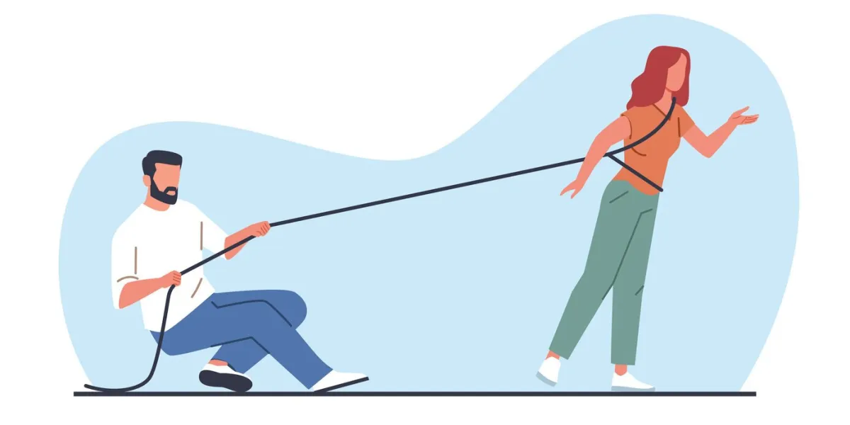 man uses rope to restrain woman male controlling unhappy female constraint and pressure couple relationship problem marriage shackles psychological dependence guy pulling cable vector concept