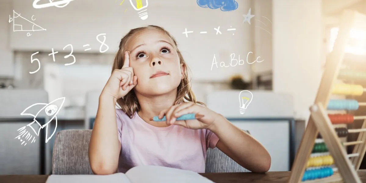 child, thinking and homework with light bulb for learning math, numbers and creative ideas or solution at home girl or kid with school book and education doodle, brainstorming or imagination overlay