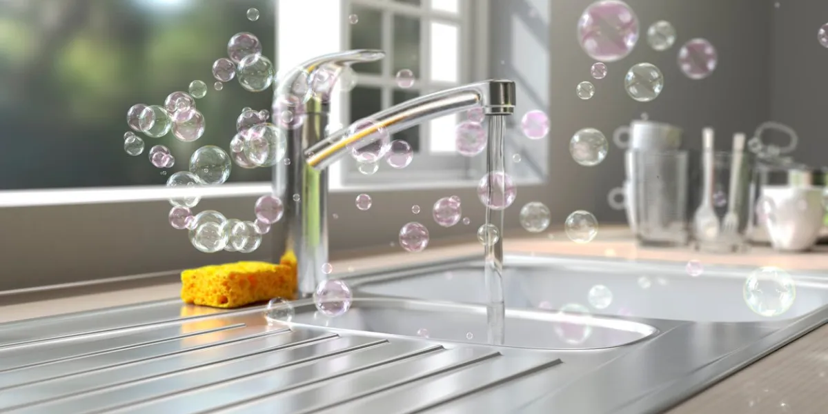 a lot of soap bubbles floating in the air at a kitchen environment washing dishes