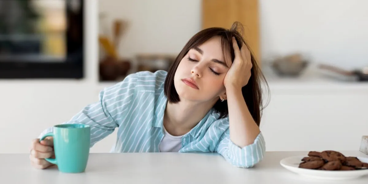 sleepy young woman drinking coffee, feeling tired, suffering from insomnia and sleeping disorder sad female sitting in modern kitchen interior, empty space