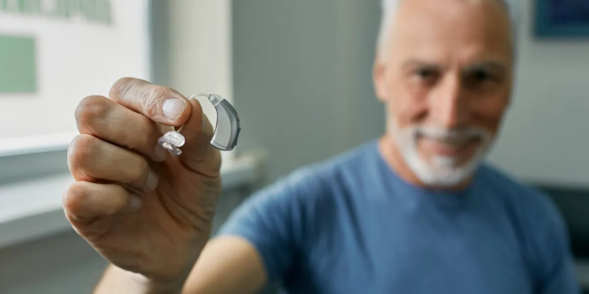senior man holding bte hearing aid in hand on foreground, close-up treatment of deafness in elderly people
