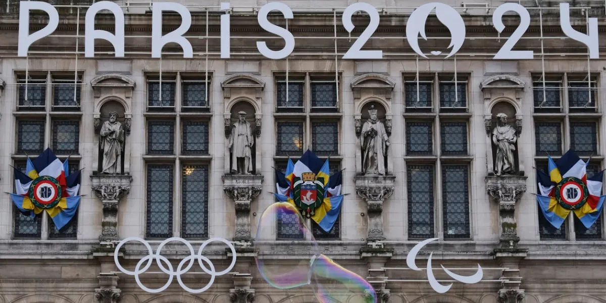 paris, france, april 29, 2024 the giant logo of the 2024 olympic games is installed in front of the city hall in paris, the city hosting the games in