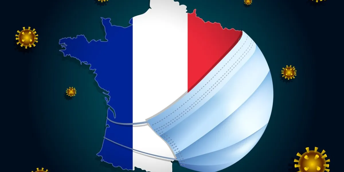 coronavirus or corona virus concept map with flag of france on background in a medical mask protects itself from ncov viruses around france